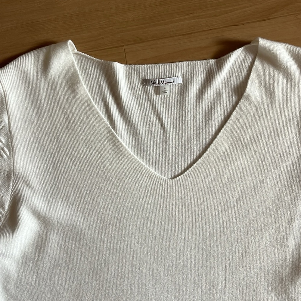 MILANO WINTER WHITE WOMENS VNECK SHABBY CHIC SWEATER DETAILED CHUNKY SLEEVES LG - Picture 2 of 11